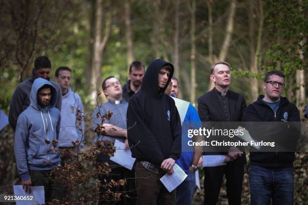 Seminarians and staff pray at the stations of the cross in the grounds of Oscott College during Easter services on April 14, 2014 in Birmingham,...