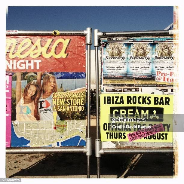 Posters of Club are hang in a panel in Sant Antoni on August 22, 2013 near Ibiza, Spain. The small island of Ibiza lies within the Balearics islands,...