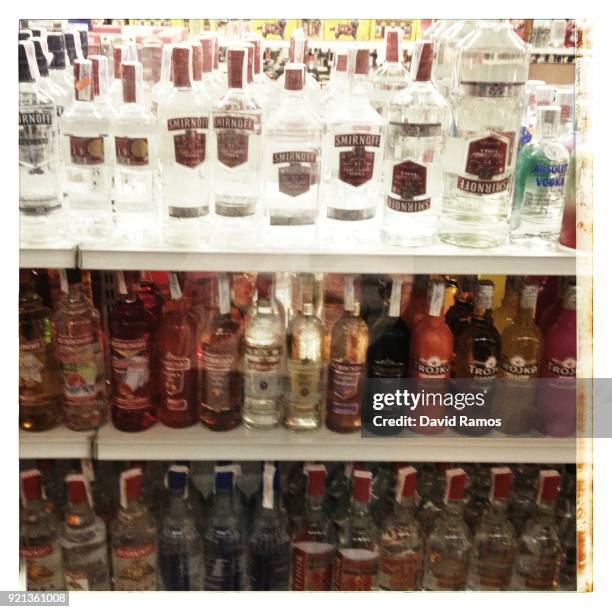 Bottle of vodka are displayed in a supermarket in Sant Antoni on August 22, 2013 near Ibiza, Spain. The small island of Ibiza lies within the...