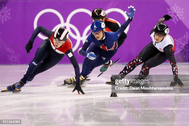 Lara Van Ruijven of the Netherlands, Elise Christie of Great Britain, Andrea Keszler of Hungary and Magdalena Warakomska of Poland compete during the...