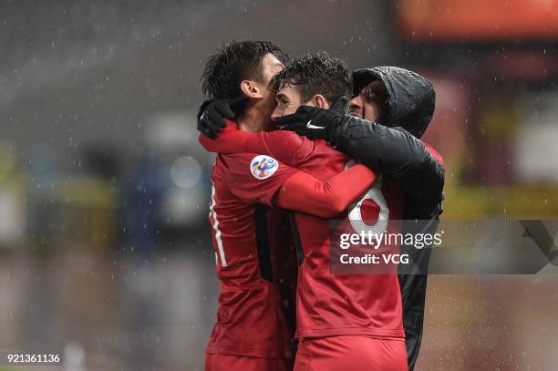 Oscar of Shanghai SIPG celebrates a goal during the 2018 AFC Champions League Group F match between Shanghai SIPG and Melbourne Victory at Shanghai...