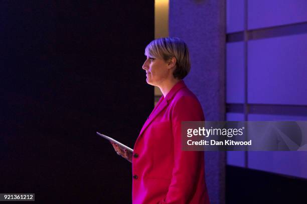 Business presenter Stephanie McGovern waits on stage to announce Labour Leader Jeremy Corbyn as he arrives to deliver a speech at The Queen Elizabeth...
