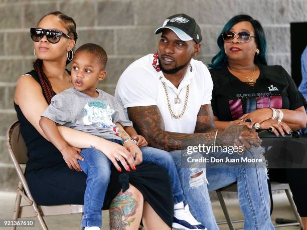 Linebacker Nigel Bradham of the Philadelphia Eagles with his fiancee, Nia Davis, son, Nasir Bradham, and his mother, Rose Rucker, where he returns...