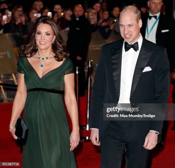 Catherine, Duchess of Cambridge and Prince William, Duke of Cambridge attend the EE British Academy Film Awards held at the Royal Albert Hall on...