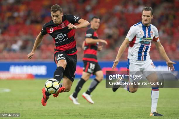 Oriol Riera of the Wanderers brings down the ball during the round one A-League match between the Western Sydney Wanderers and the Newcastle Jets at...