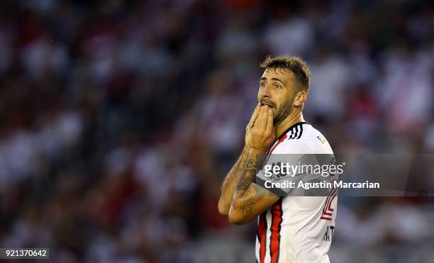 Lucas Pratto of River Plate reacts after missing a chance of goal during a match between River Plate and Godoy Cruz as part of Argentina Superliga...