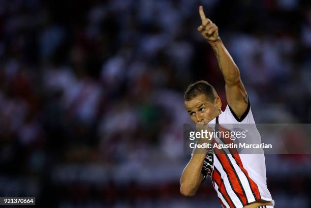 Rodrigo Mora of River Plate celebrates after scoring the first goal of his team during a match between River Plate and Godoy Cruz as part of...