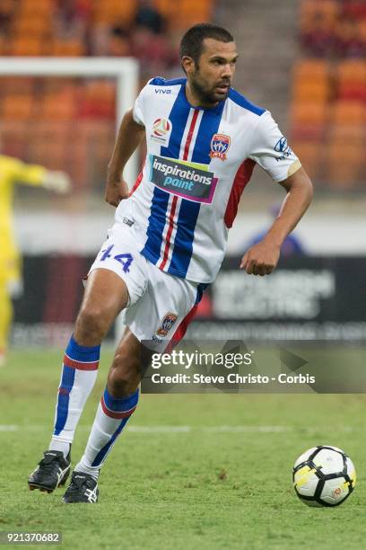 Nikolai Topor-Stanley of the Jets dribbles the ball during the round one A-League match between the Western Sydney Wanderers and the Newcastle Jets...