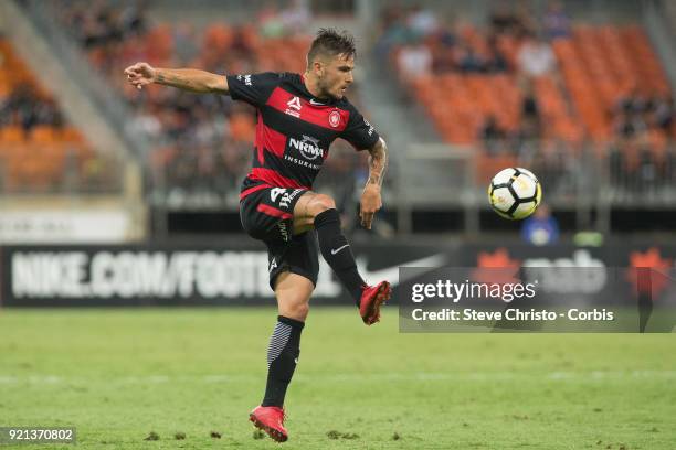 Josh Risdon of the Wanderers controls the ball during the round one A-League match between the Western Sydney Wanderers and the Newcastle Jets at...
