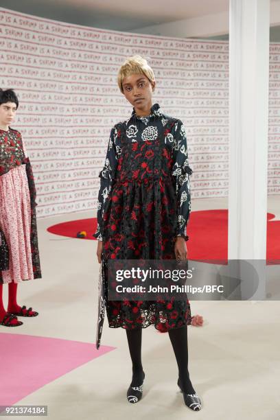 Model poses at the Shrimps Presentation during London Fashion Week February 2018 at TopShop Show Space on February 20, 2018 in London, England.