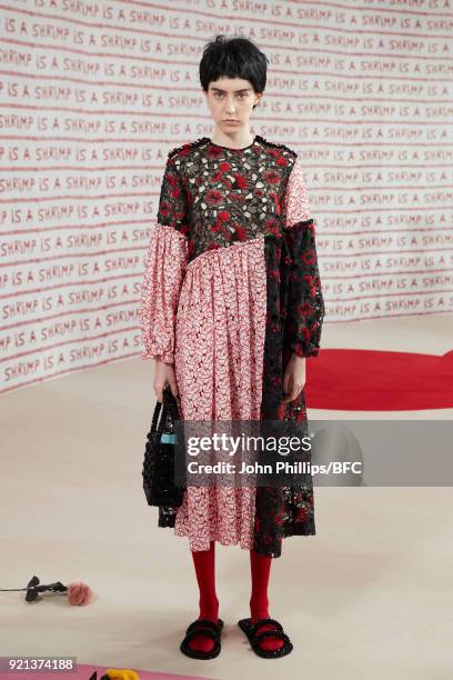 Model poses at the Shrimps Presentation during London Fashion Week February 2018 at TopShop Show Space on February 20, 2018 in London, England.