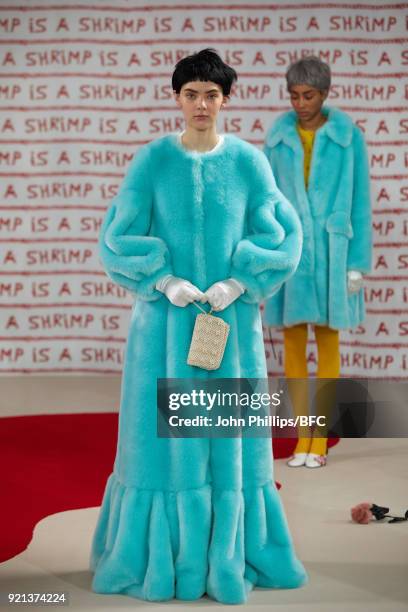 Model poses at the Shrimps Presentation during London Fashion Week February 2018 at TopShop Show Space on February 20, 2018 in London, England.