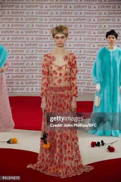 Model poses at the Shrimps Presentation during London Fashion Week February 2018 at TopShop Show Space on February 20, 2018 in London, England.