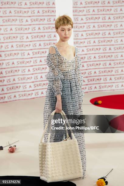 Model poses at the Shrimps Presentation during London Fashion Week February 2018 at TopShop Show Space on February 20, 2018 in London, England.