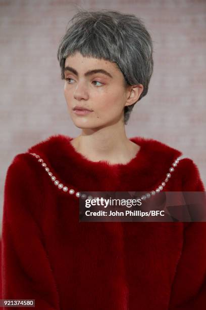 Model poses at the Shrimps Presentation during London Fashion Week February 2018 at TopShop Show Space on February 20, 2018 in London, England.