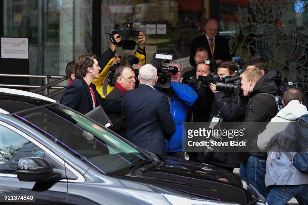 Jeremy Corbyn arrives to deliver a speech as media try for photos and interviews at The Queen Elizabeth II Conference Centre on February 20, 2018 in...