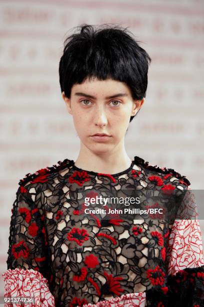 Model poses at the Shrimps Presentation during London Fashion Week February 2018 at TopShop Show Space on February 20, 2018 in London, England.