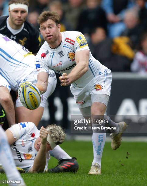 Will Chudley of Exeter Chiefs during the Aviva Premiership match between Wasps and Exeter Chiefs at The Ricoh Arena on February 18, 2018 in Coventry,...