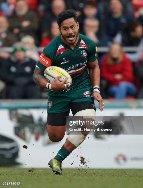 Manu Tuilagi of Leicester Tigers during the Aviva Premiership match between Leicester Tigers and Harlequins at Welford Road on February 17, 2018 in...