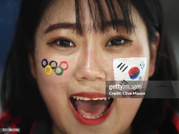 South Korea fan smiles during the Nordic Combined Individual Gundersen 10km Cross-Country on day eleven of the PyeongChang 2018 Winter Olympic Games...