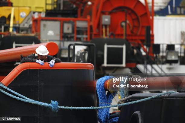 Crew member works aboard a Hornbeck Offshore Services Inc. Vessel in Port Fourchon, Louisiana, U.S., on Thursday, Feb. 8, 2018. U.S. Oil explorers...