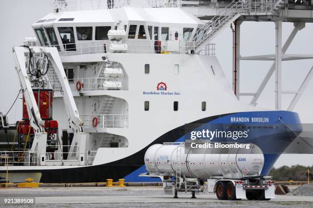 Bordelon Marine Inc. Vessel sits docked in Port Fourchon, Louisiana, U.S., on Thursday, Feb. 8, 2018. U.S. Oil explorers added rigs this week as...