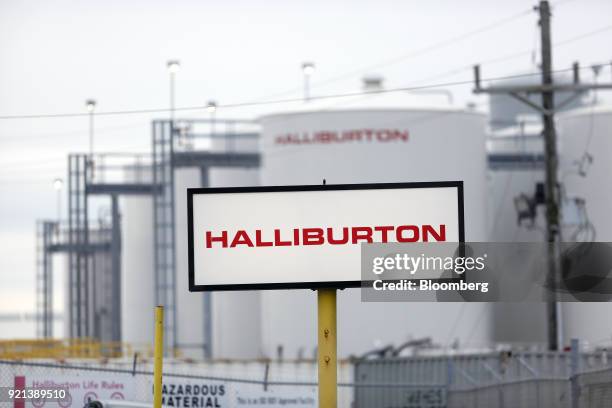 Signage is displayed outside a Halliburton Co. Location in Port Fourchon, Louisiana, U.S., on Thursday, Feb. 8, 2018. U.S. Oil explorers added rigs...