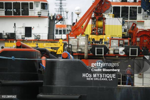 Hornbeck Offshore Services Inc. Petroleum industry vessels sit docked in Port Fourchon, Louisiana, U.S., on Thursday, Feb. 8, 2018. U.S. Oil...