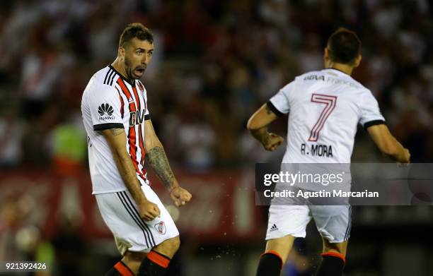 Lucas Pratto of River Plate celebrates with teammate Rodrigo Mora after scoring the second goal of his team during a match between River Plate and...