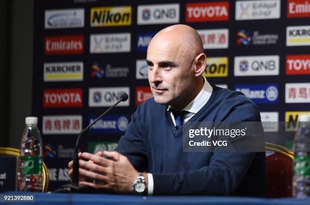 Head coach Kevin Muscat of Melbourne Victory attends a press conference after the 2018 AFC Champions League Group F match between Shanghai SIPG and...