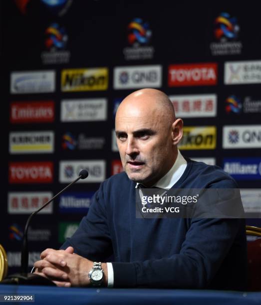 Head coach Kevin Muscat of Melbourne Victory attends a press conference after the 2018 AFC Champions League Group F match between Shanghai SIPG and...