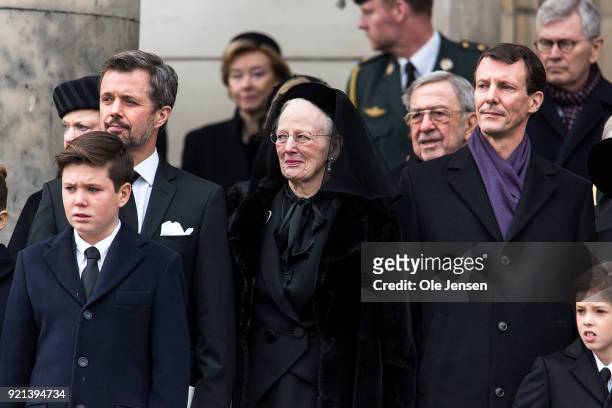 Queen Margrethe together with Crown Prince Frederik his son Prince Christian and Prince Joachim attend as the coffin of Prince Henrik, the husband of...