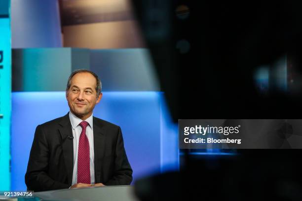 Frederic Oudea, chief executive officer of Societe Generale SA, listens during a Bloomberg Television interview in New York, U.S., on Tuesday, Feb....