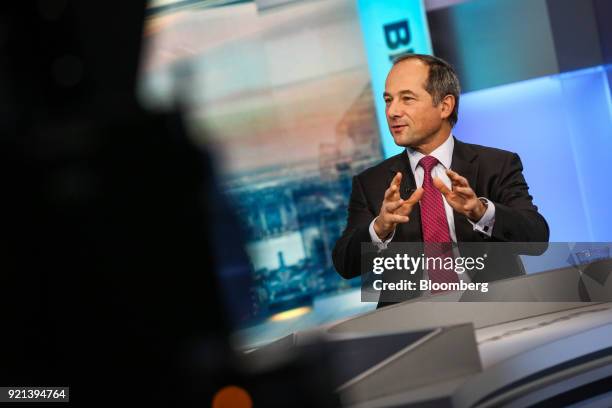 Frederic Oudea, chief executive officer of Societe Generale SA, speaks during a Bloomberg Television interview in New York, U.S., on Tuesday, Feb....