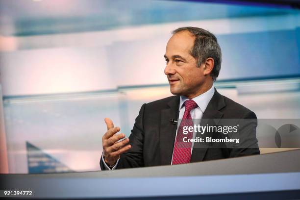 Frederic Oudea, chief executive officer of Societe Generale SA, speaks during a Bloomberg Television interview in New York, U.S., on Tuesday, Feb....