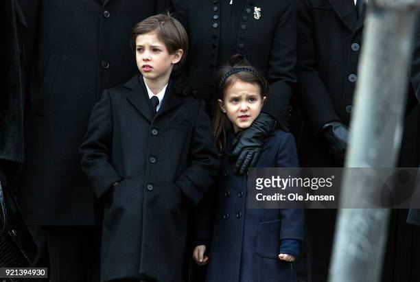 Prince Henrik and Princess Athena, children of Prince Joachim of Denmark, during the funeral of their grandfather, Prince Henrik, at the Parliament...