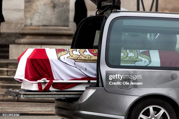 Officers from the Royal Guard carry the coffin of Prince Henrik, the husband of Queen Margrethe of Denmark, from Christiansborg Palace Church, to the...