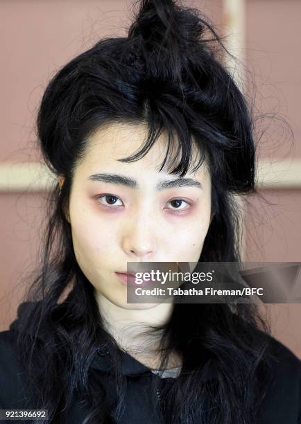 Model backstage ahead of the Isa Arfen show during London Fashion Week February 2018 at Eccleston Place on February 20, 2018 in London, England.