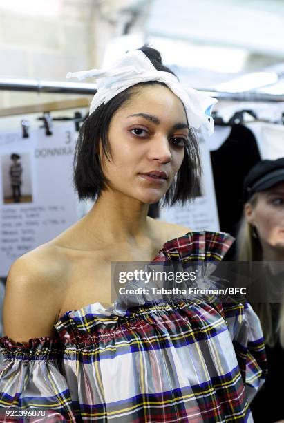 Model backstage ahead of the Isa Arfen show during London Fashion Week February 2018 at Eccleston Place on February 20, 2018 in London, England.