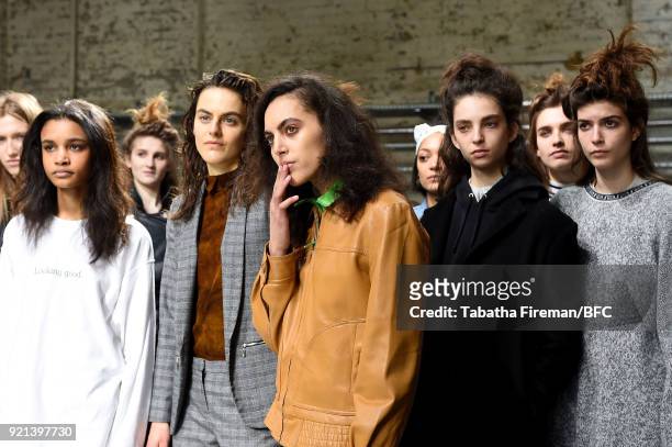 Models backstage ahead of the Isa Arfen show during London Fashion Week February 2018 at Eccleston Place on February 20, 2018 in London, England.