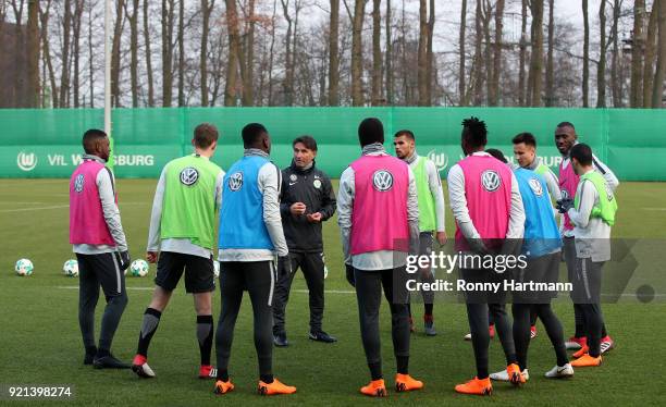 Bruno Labbadia , new head coach of Wolfsburg gives instructions during a training session of VfL Wolfsburg at Volkswagen Arena on February 20, 2018...