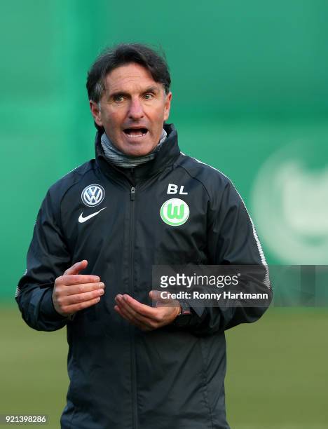 Bruno Labbadia, new head coach of Wolfsburg gestures during a training session of VfL Wolfsburg at Volkswagen Arena on February 20, 2018 in...