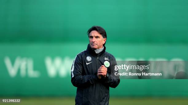 Bruno Labbadia, new head coach of Wolfsburg looks on during a training session of VfL Wolfsburg at Volkswagen Arena on February 20, 2018 in...