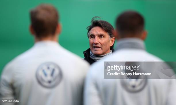 Bruno Labbadia, new head coach of Wolfsburg gives instructions during a training session of VfL Wolfsburg at Volkswagen Arena on February 20, 2018 in...