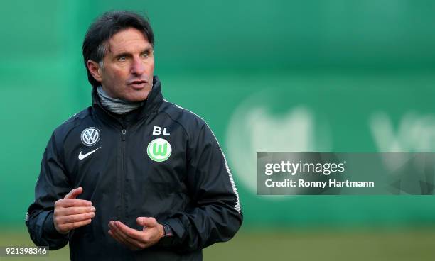 Bruno Labbadia, new head coach of Wolfsburg looks on during a training session of VfL Wolfsburg at Volkswagen Arena on February 20, 2018 in...