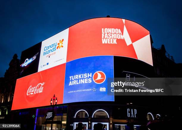 General view of Piccadilly Circus lights during London Fashion Week February 2018 on February 19, 2018 in London, England.