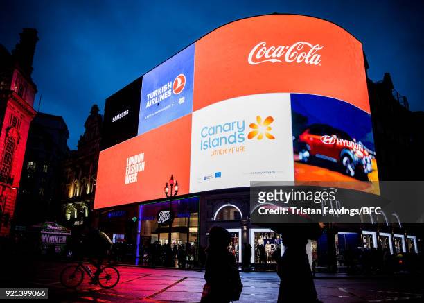 General view of Piccadilly Circus lights during London Fashion Week February 2018 on February 19, 2018 in London, England.