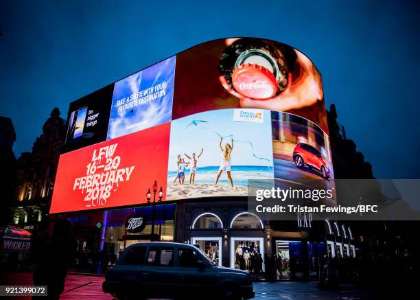 General view of Piccadilly Circus lights during London Fashion Week February 2018 on February 19, 2018 in London, England.