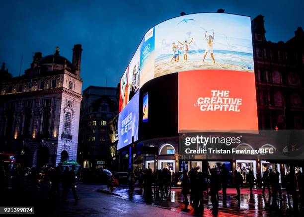 General view of Piccadilly Circus lights during London Fashion Week February 2018 on February 19, 2018 in London, England.