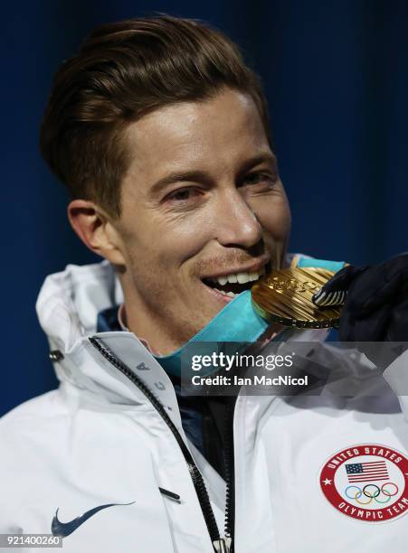 Shaun White of United States poses with his Gold Medal from the Men's Halfpipe Snowboard at Medal Plaza on February 14, 2018 in Pyeongchang-gun,...